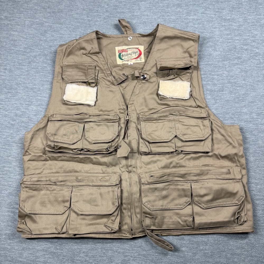 World Famous Fishing Vest Mens S Brown Canvas Fly Pockets Hook Loop Patches